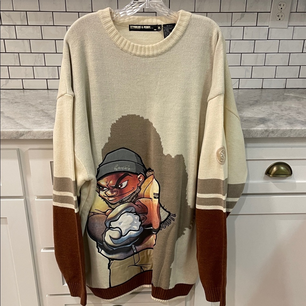 Reynolds & Perry Sweater Mens 3XL Cream Brown Graphic Knit Wool Crew Sweatshirt